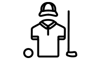 Black outline Cartoon depicting polo shirt, hat, club and golf ball.