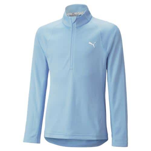 Girls Puma Quarter-zip Middle Layer golf jumper in Light Blue.