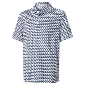 Mattr Love/H8 Golf polo shirt with a birdie pattern in black and white.