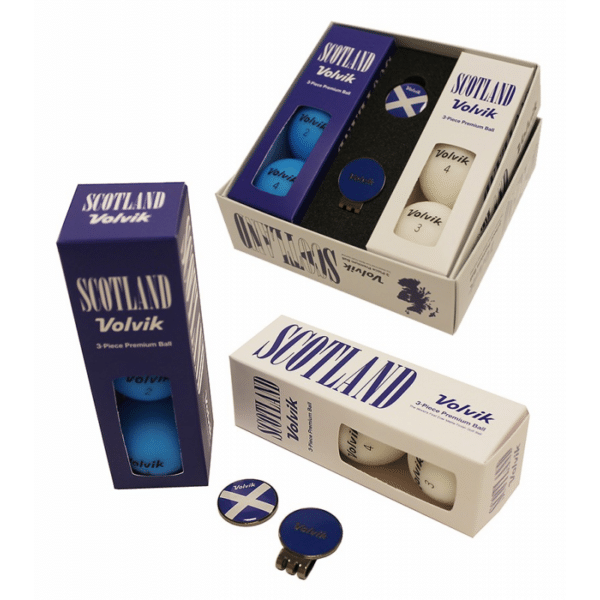 Volvik Vivid Patriot Pack in Scotland Colours with Blue and White Balls and Ball markers.