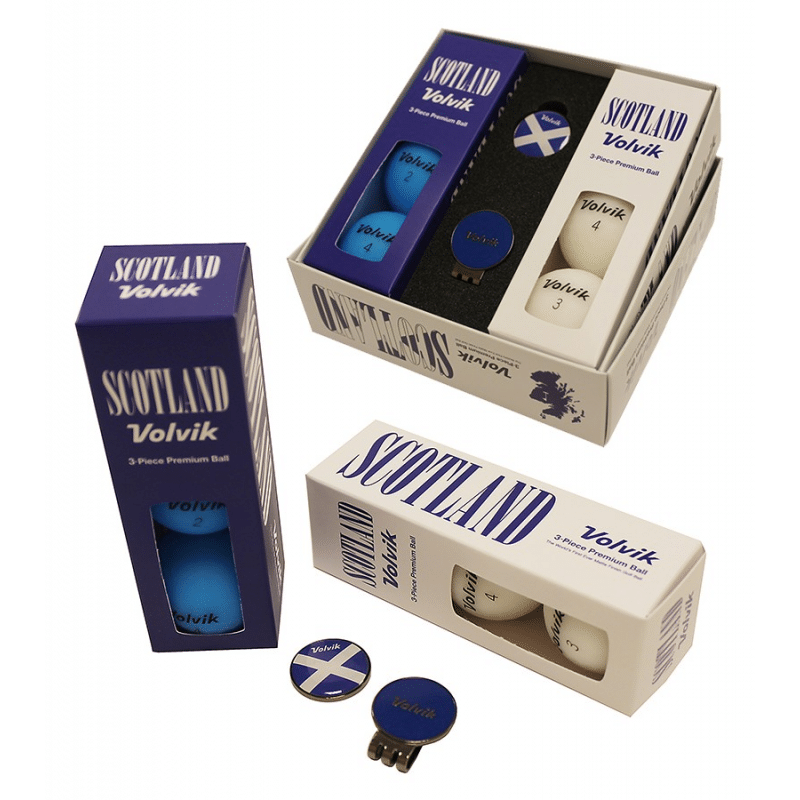 Volvik Vivid Patriot Pack in Scotland Colours with Blue and White Balls and Ball markers.