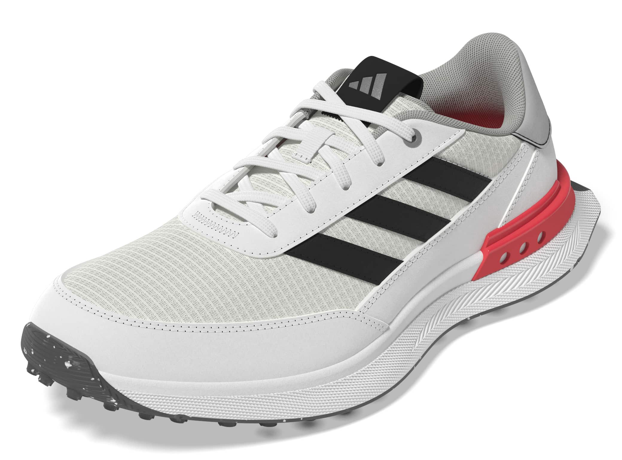 close up front side view of a White, black and red adidas S2G junior golf shoe