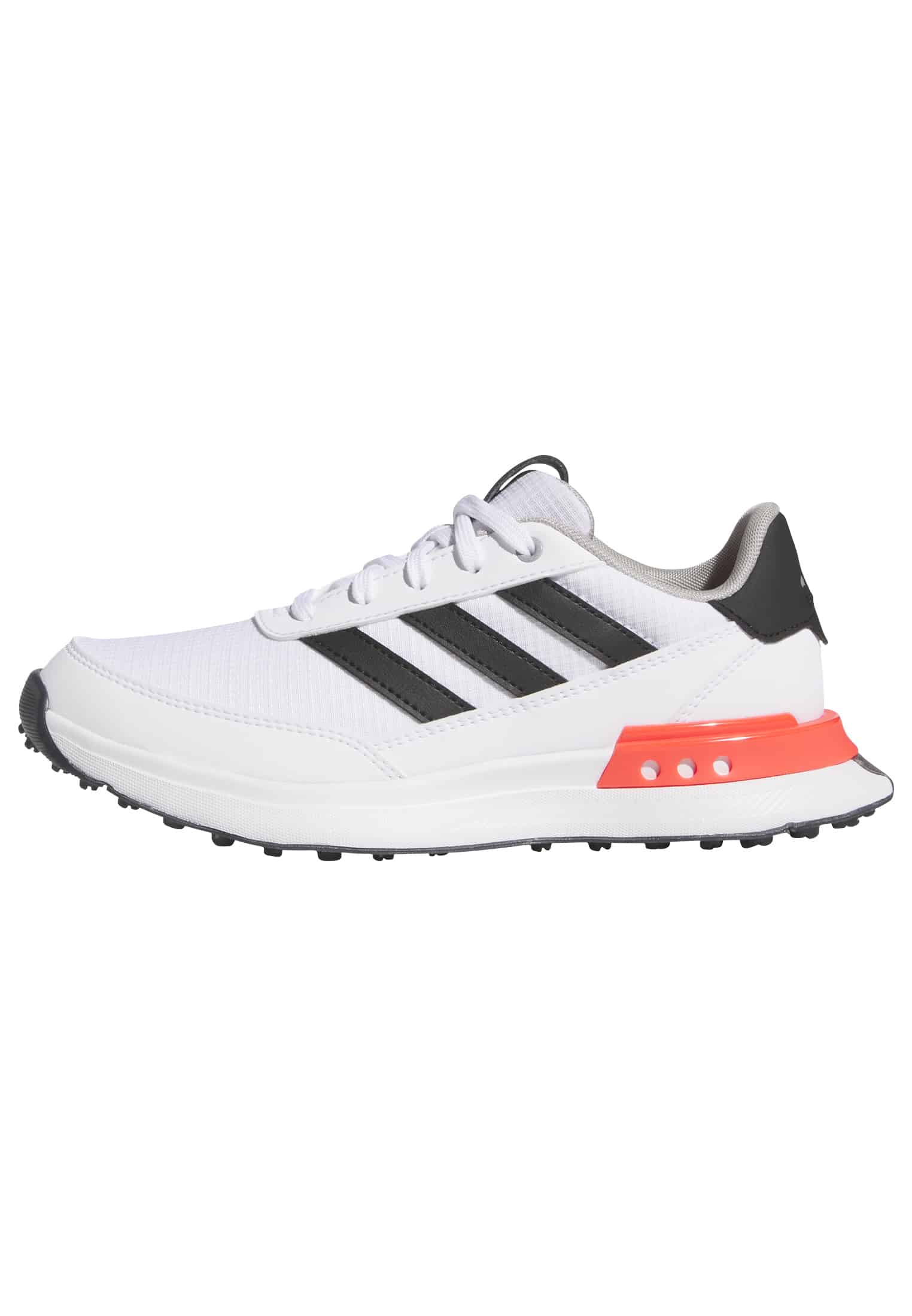 side view of a White, black and red adidas S2G junior golf shoe