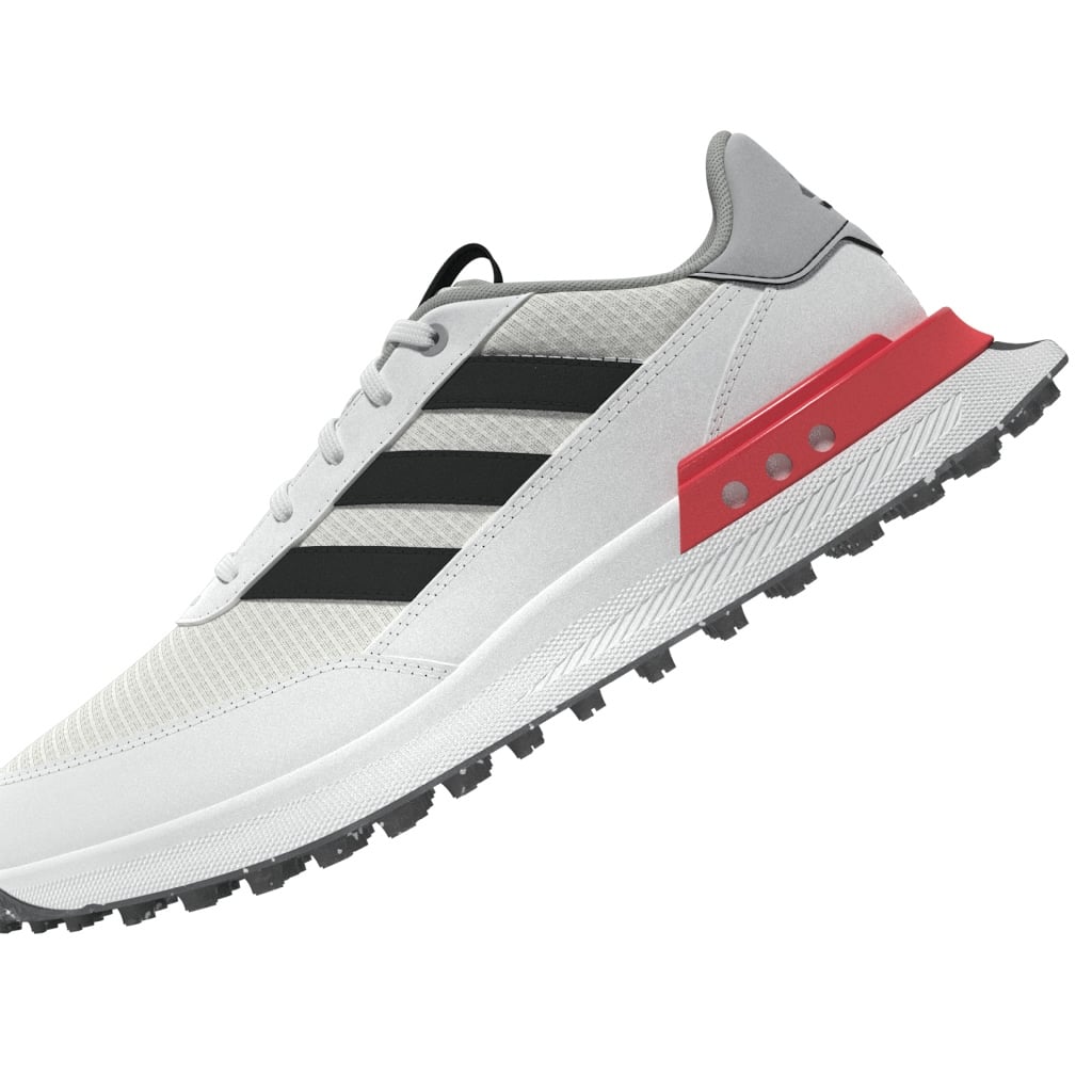side view of a White, black and red adidas S2G junior golf shoe