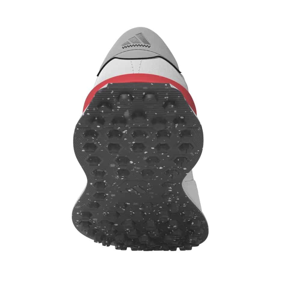 rear view of a White, black and red adidas S2G junior golf shoe