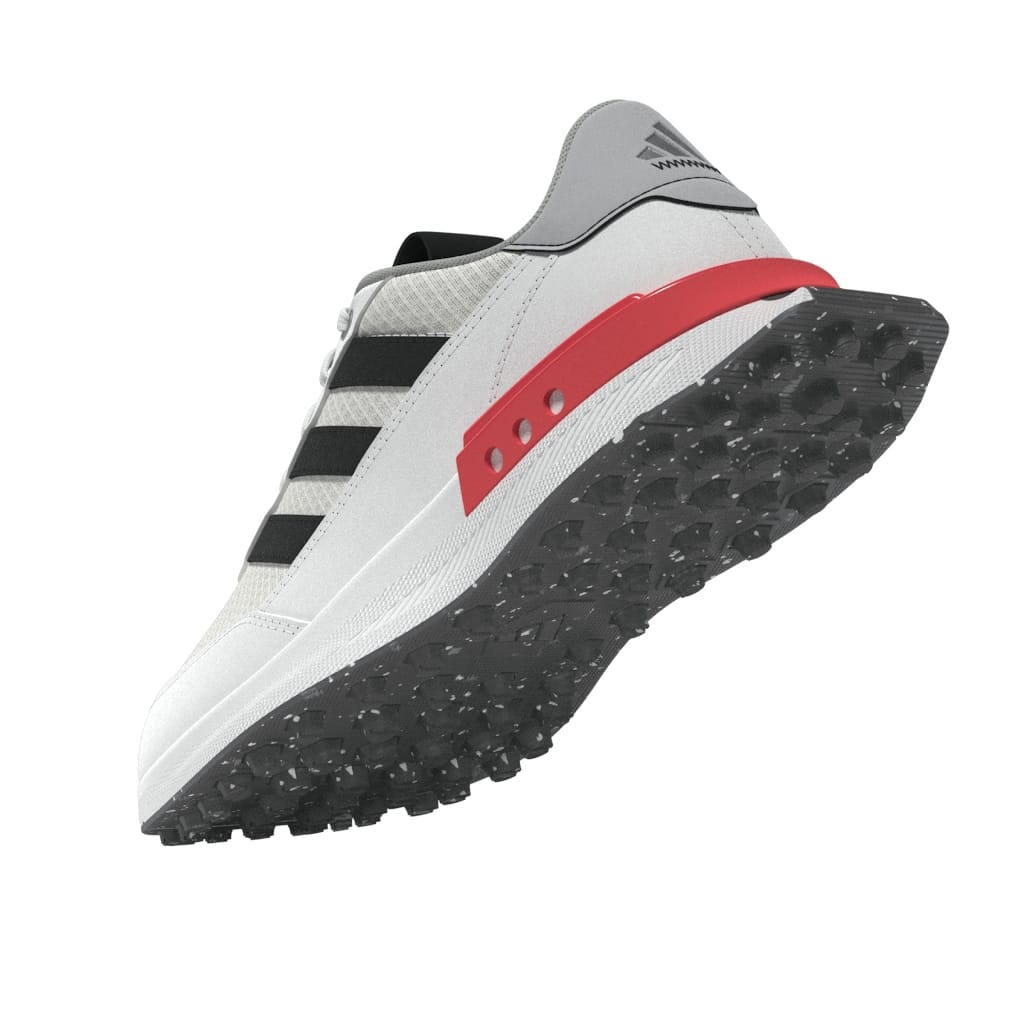 rear side view of a White, black and red adidas S2G junior golf shoe