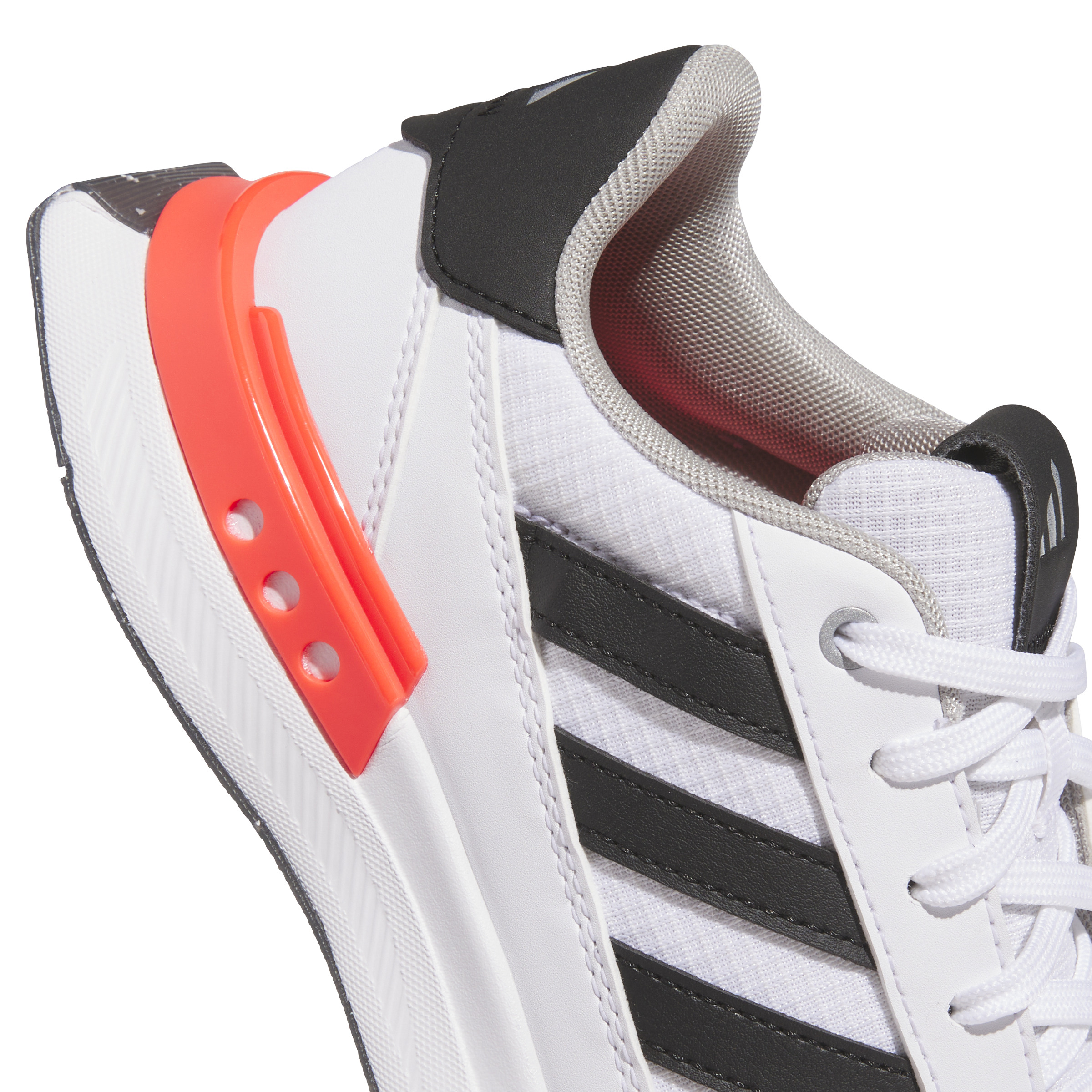 close up view of a White, black and red adidas S2G junior golf shoe