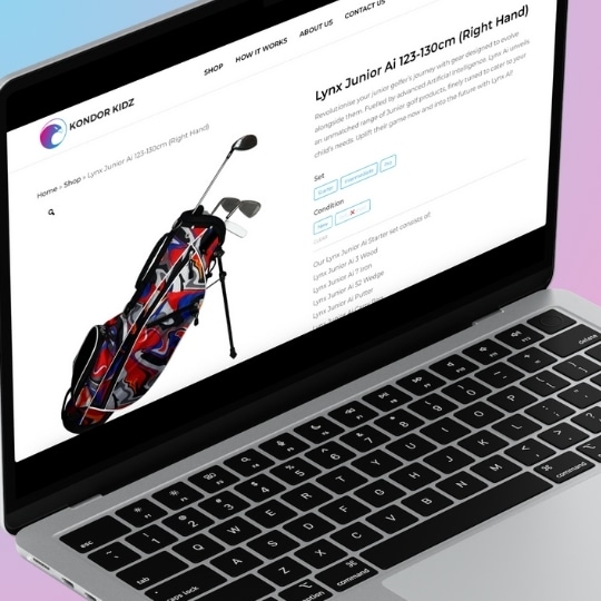 A laptop screen showing the website image of a customer processing a subscription. The screen shows a set of Lynx Ai junior golf clubs.