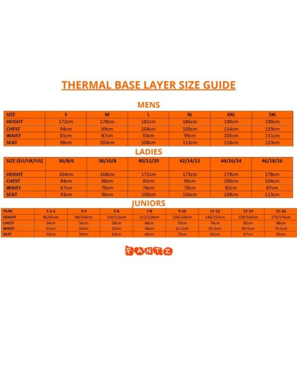 Pantz Baselayer size chart, showing what szies are suitable for different ages and measurements.