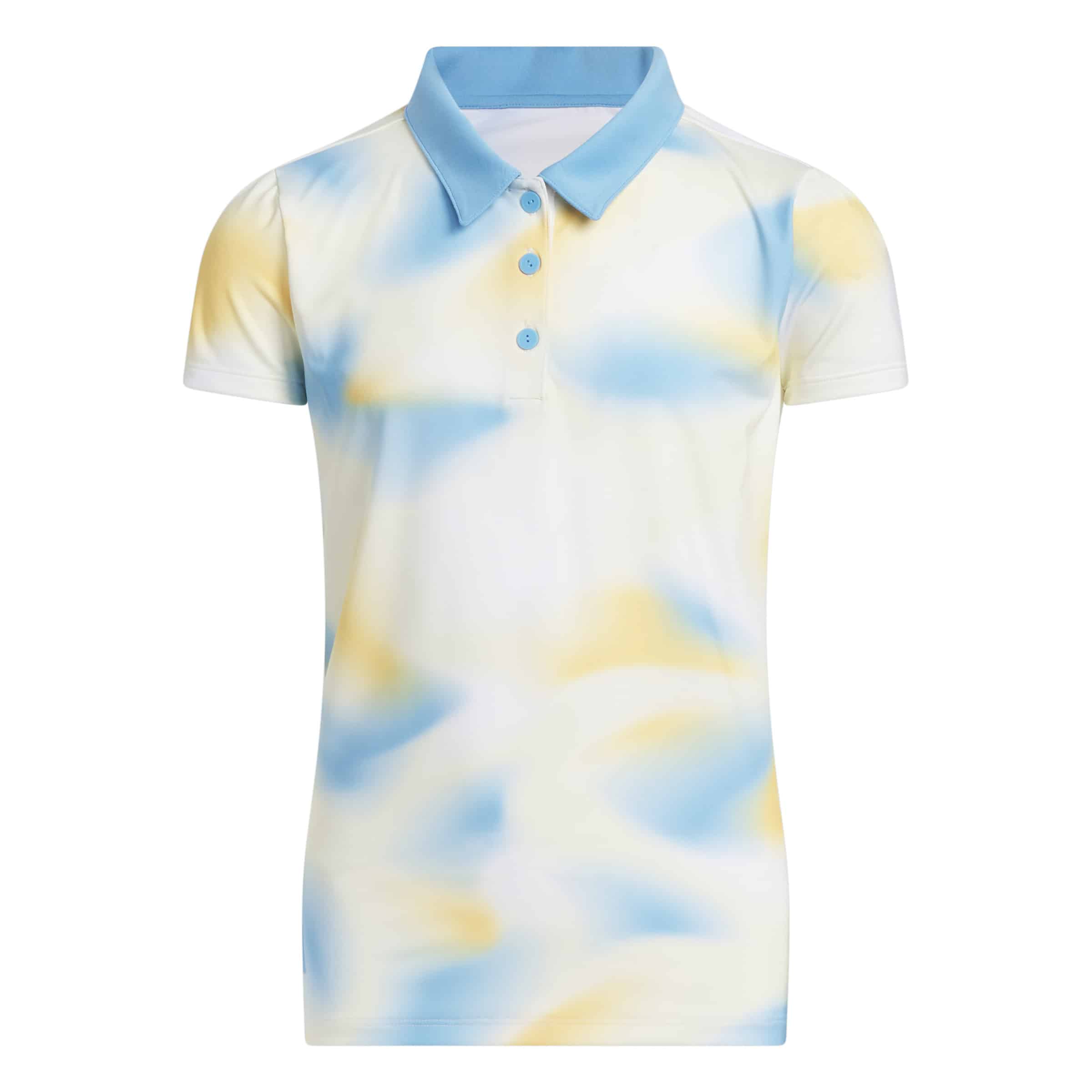 front view of the Adidas Girls' Allover Print Polo Shirt in a mixed blue, white and yellow pattern.