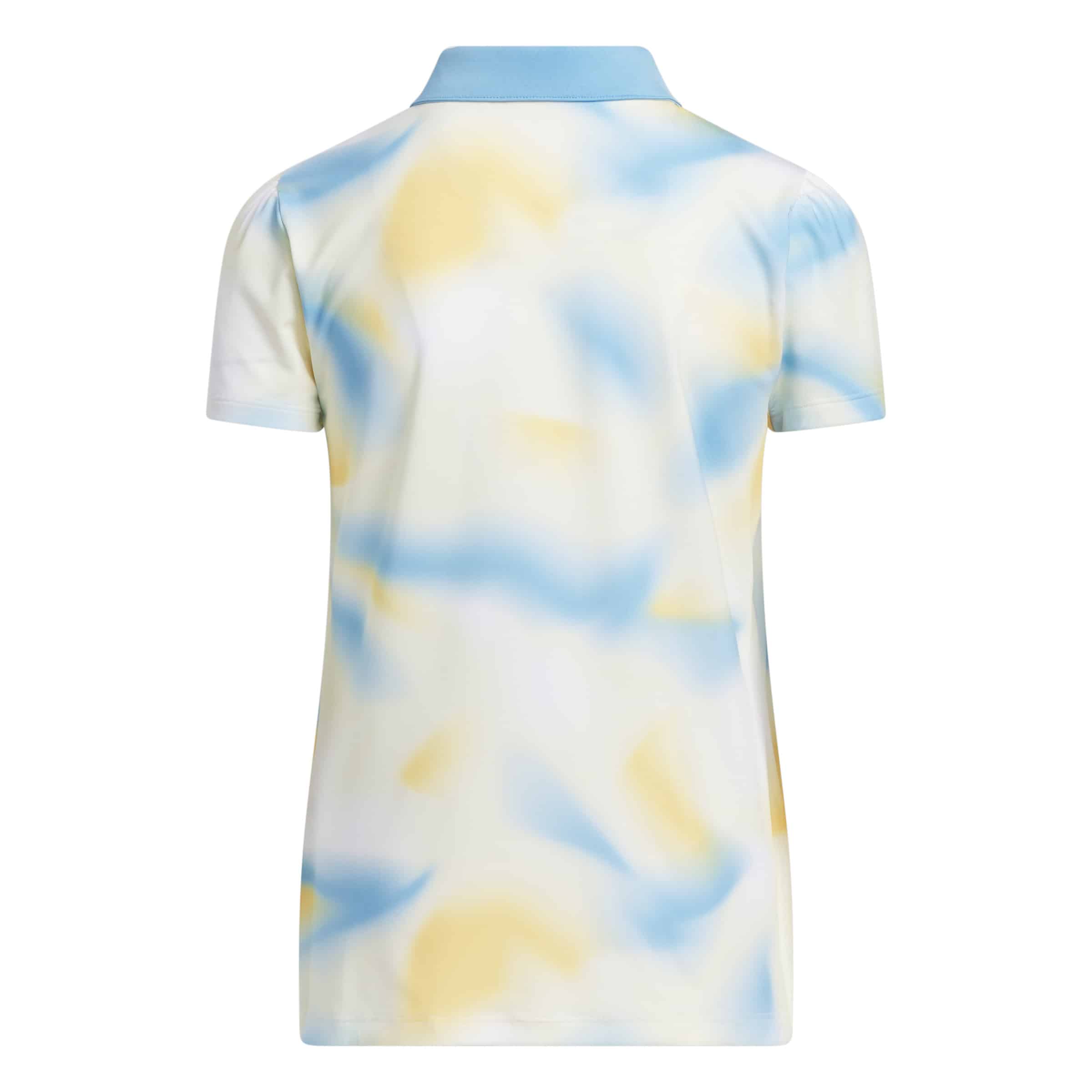 front view of the Adidas Girls' Allover Print Polo Shirt in a mixed blue, white and yellow pattern