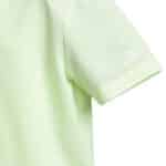 Close up of the sleeve and the adidas 3 striped logo on this striped boys golf polo shirt.