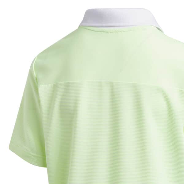 Close up of the back of the shirt looking at the white contrast polo collar against the ottoman striped green polo shirt.