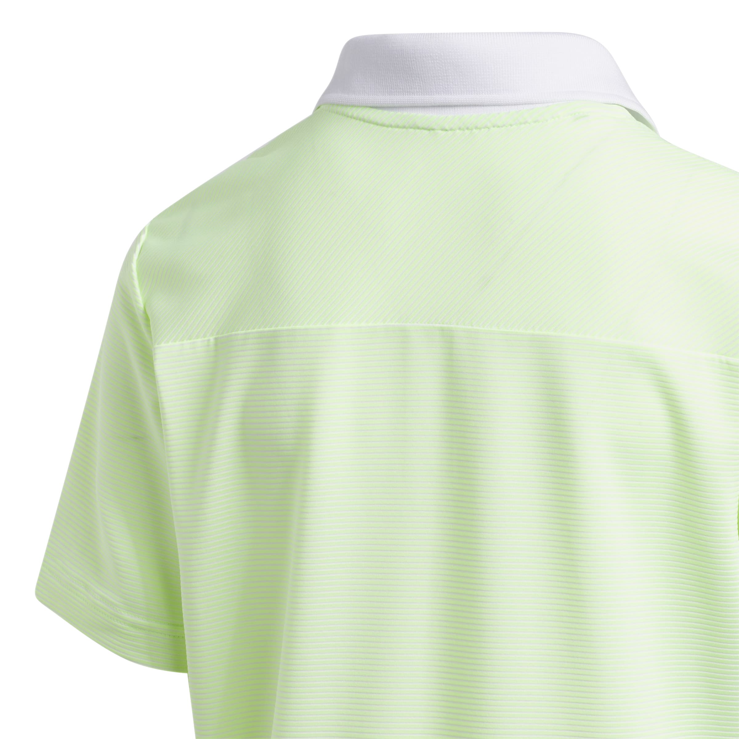 Close up of the back of the shirt looking at the white contrast polo collar against the ottoman striped green polo shirt.