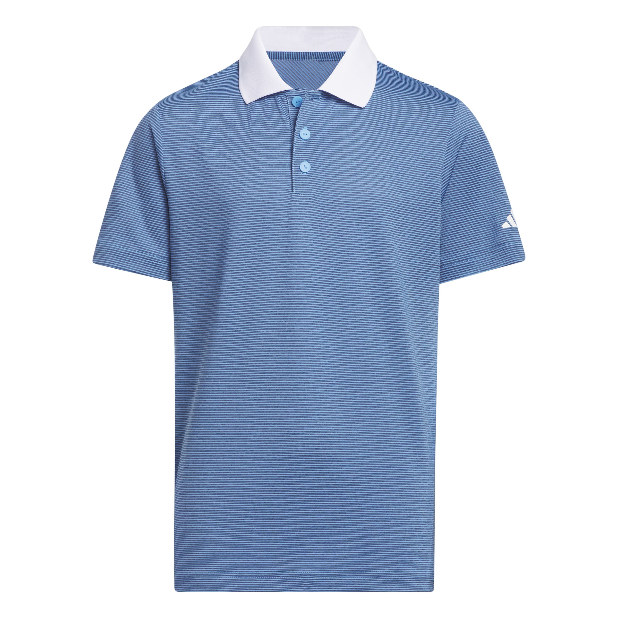 front view of the adidas boys ottoman polo shirt in blue, featuring a striped design and contrast collar.