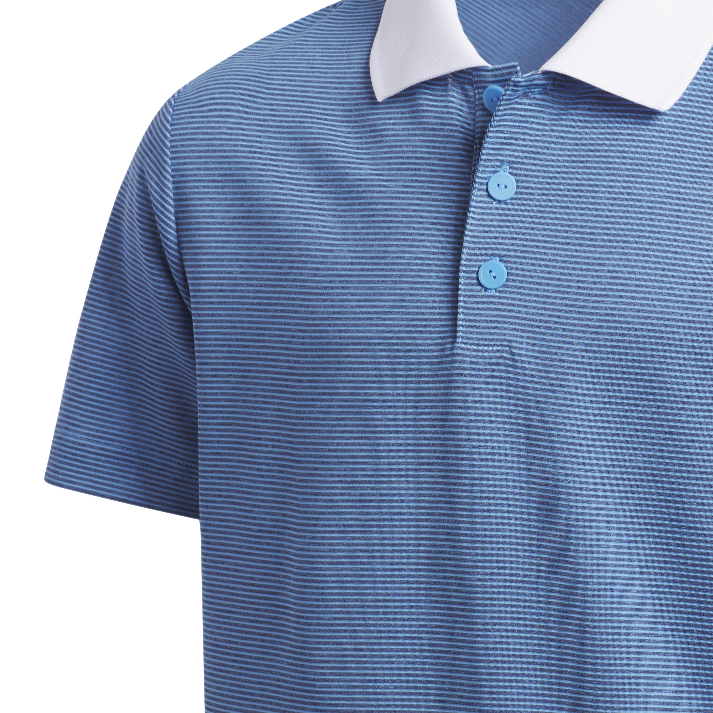 close up of the adidas boys polo with the white contrast collar on the blue striped polo shirt.