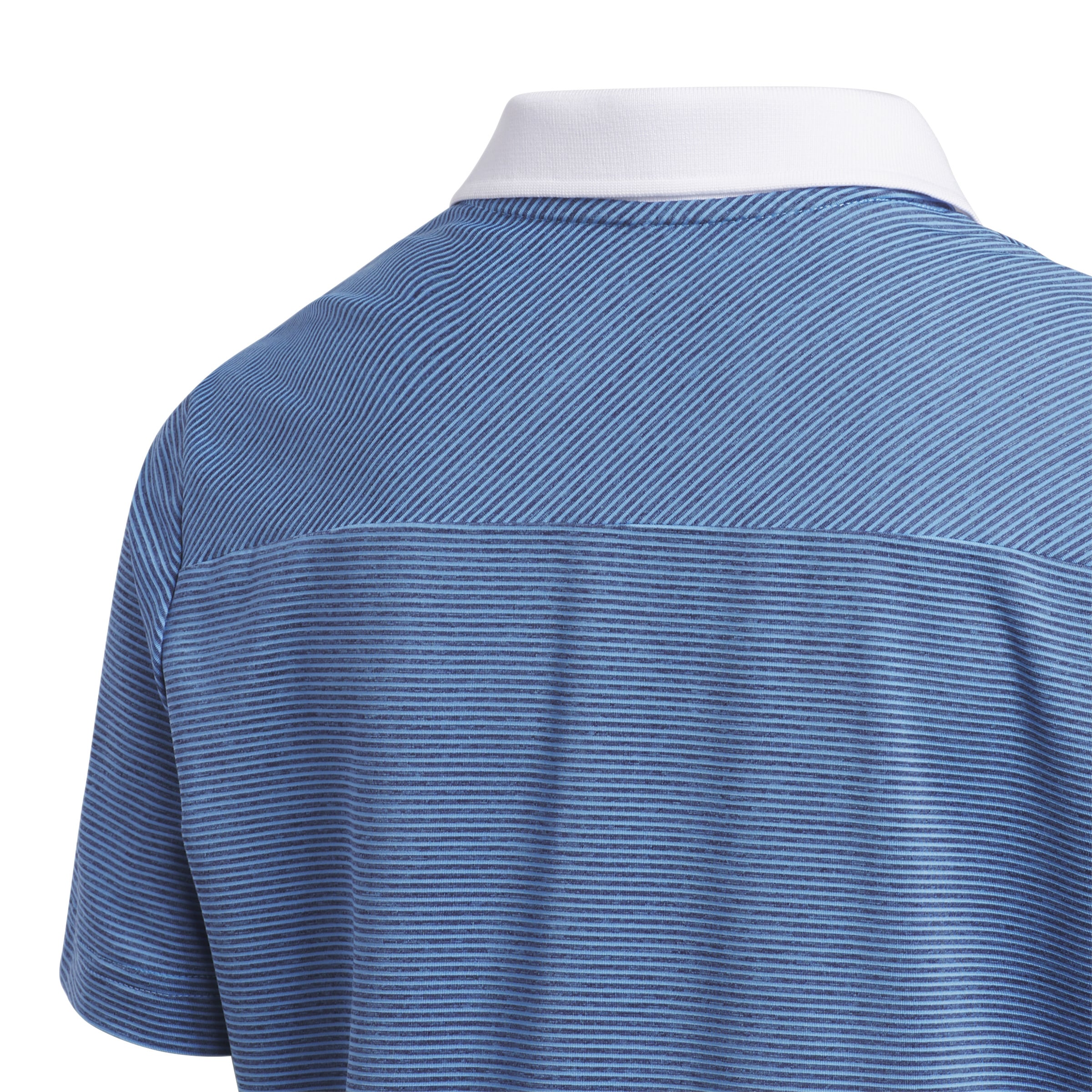 close up of the back of the polo shirt showing the contrast collar of the boys adidas ottoman polo shirt in blue.