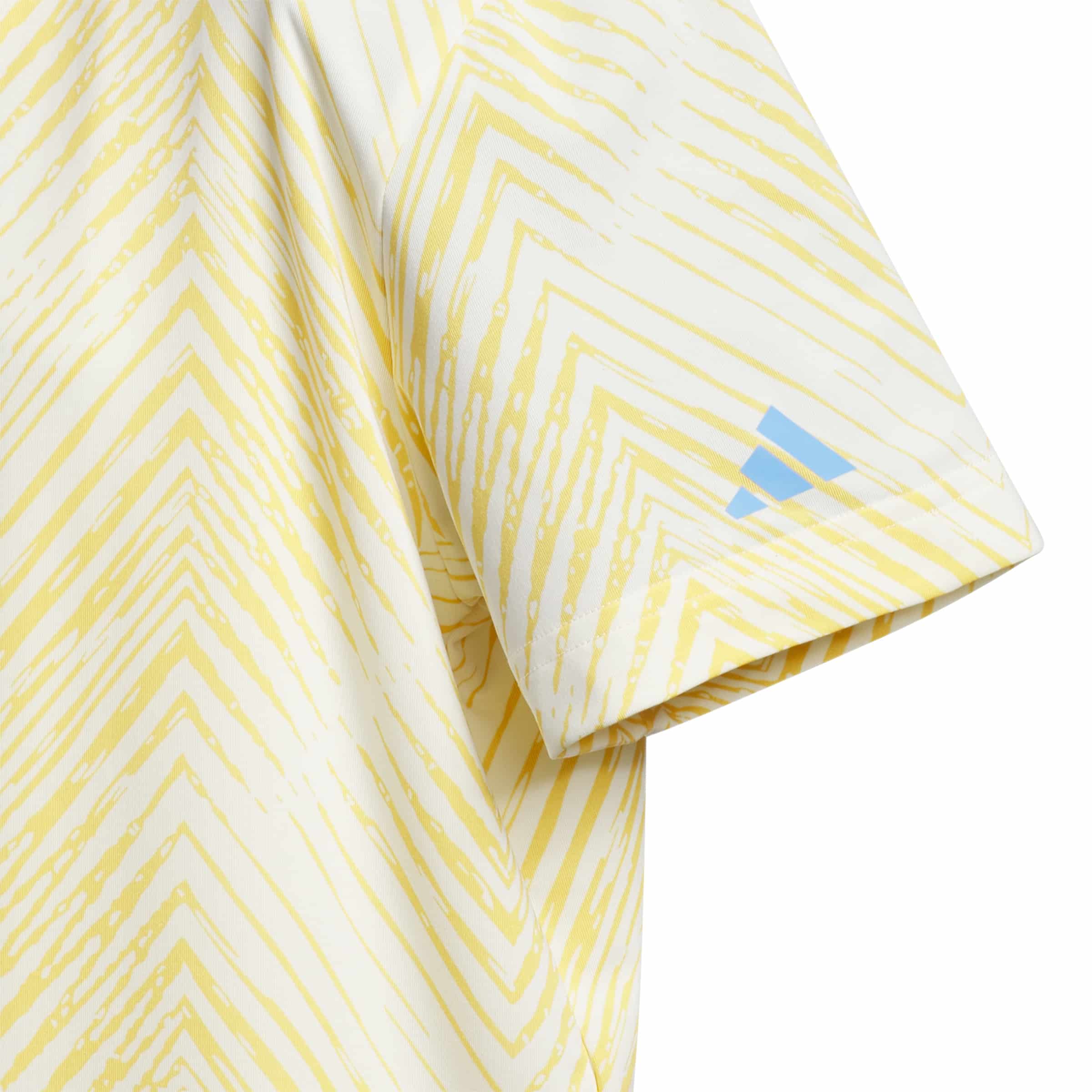 Close up of the sleeve of the adidas herringbone patterned polo shirt showing the contrast colour adidas 3 stripes logo on the sleeve.