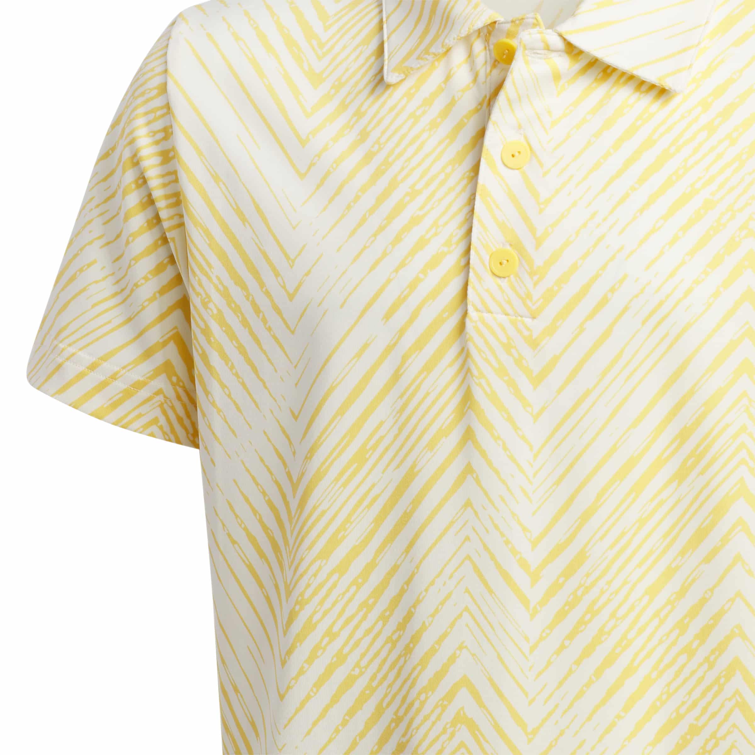 Close up of the 3 button collar on this yellow patterned boys golf polo shirt.