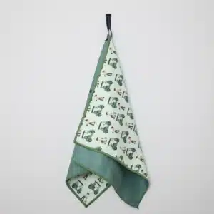 Picture of a green golf towel featuring mini golf carts to create a funk design, against a white background.
